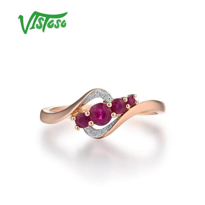 VISTOSO Genuine 14K 585 Rose Gold Sparkling Red Ruby Diamond Ring