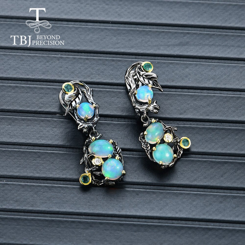 TBJ 925 Sterling Silver Vintage Tree\ Design Multi-Color Opal Ring & Earrings Jewelry Set\""