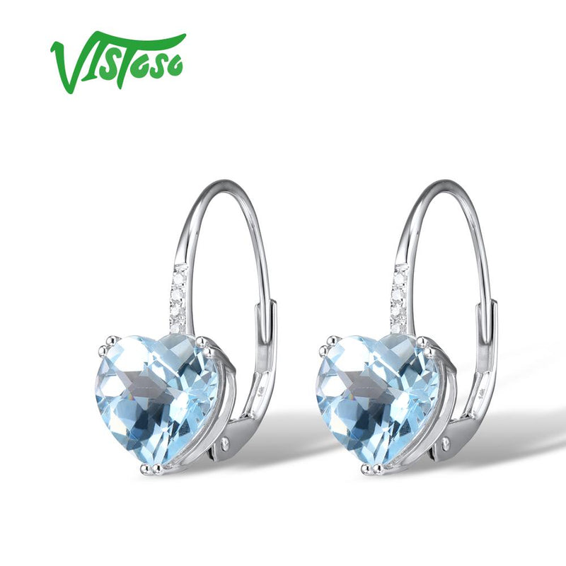 VISTOSO 14K 585 White Gold Sparkling Diamond Blue Topaz Earrings