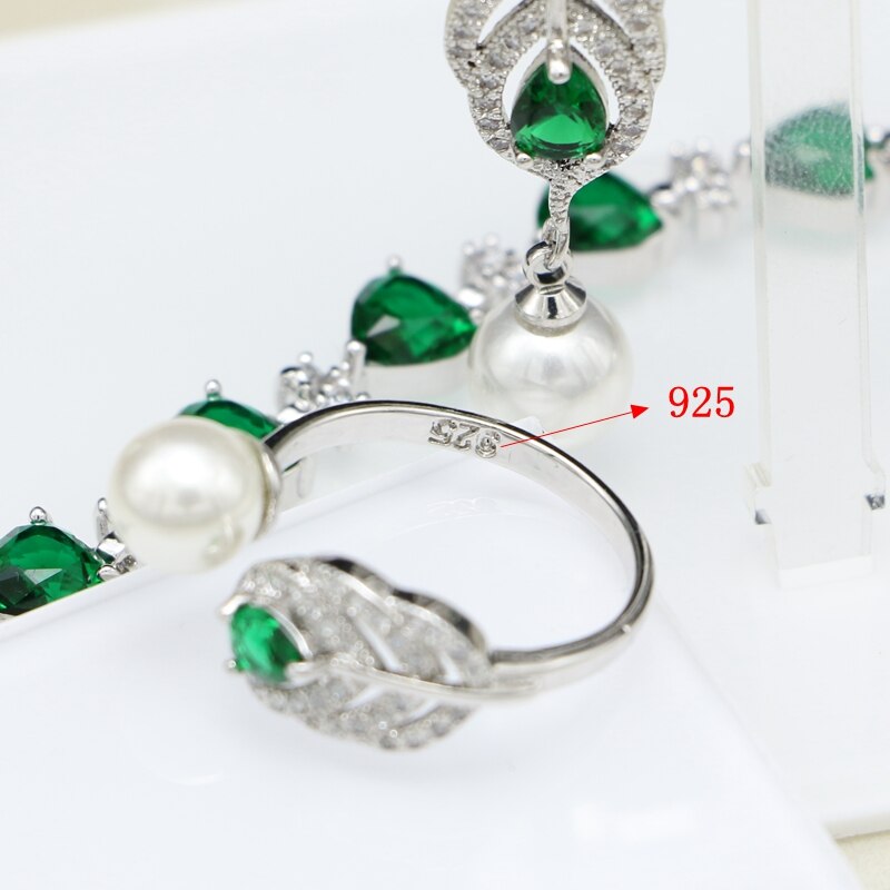 Silver Natural Green Cubic Zirconia White Pearl Jewelry Set for Women