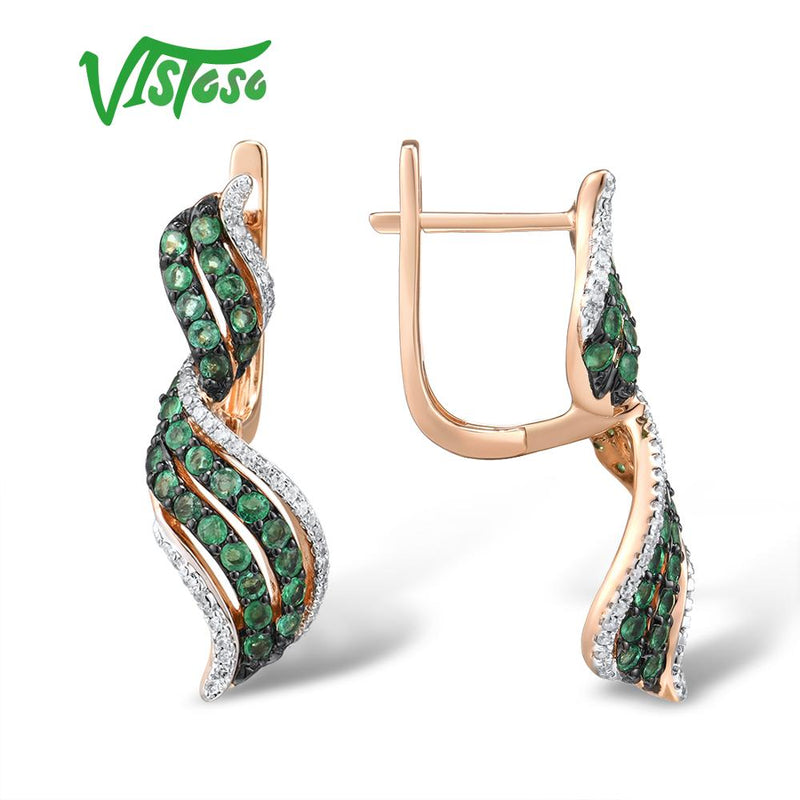 VISTOSO 14K 585 Rose Gold Glamorous Elegant Shiny Emerald Sparkling Diamond Earrings