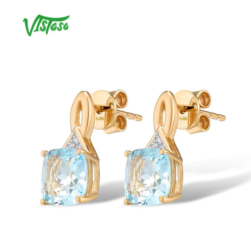 VISTOSO 14K 585 Yellow Gold Glamorous Shiny Blue Topaz Sparkling Diamond Earrings