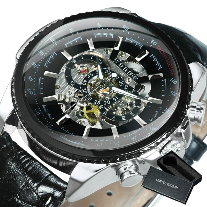 Silver-tone Stainless Steel Skeleton Automatic Watch for Men