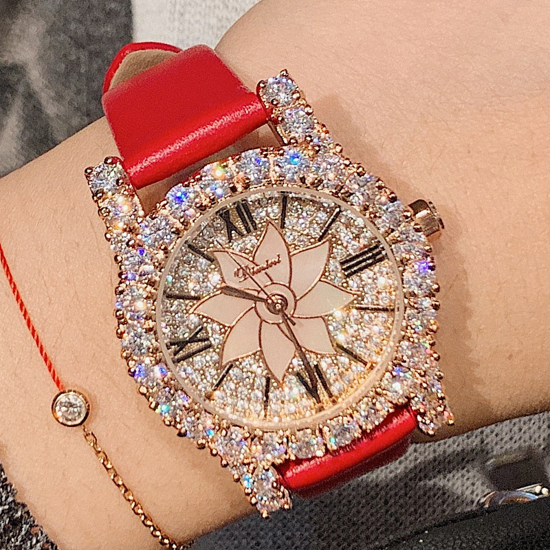 Luxury Rose Diamond Leather Crystal Quartz Watches Women