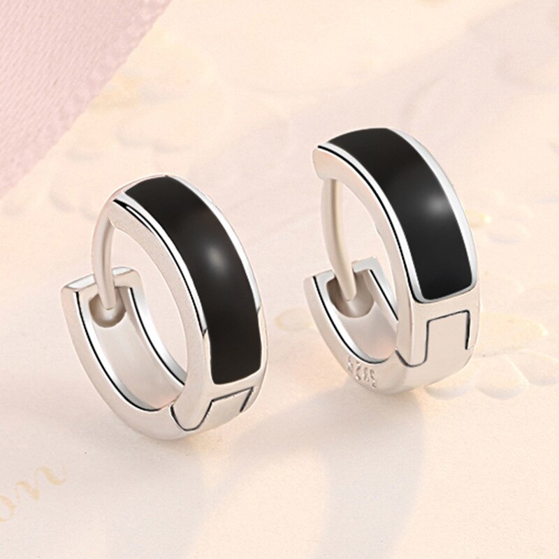 Trendy Black Round Earrings in 925 Sterling Silver