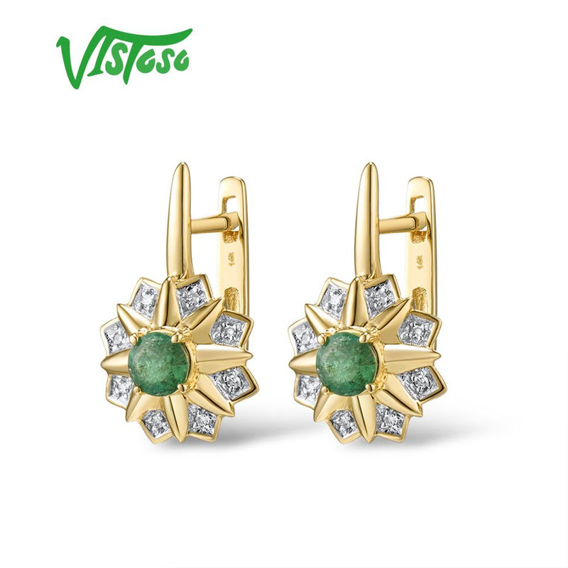 14K Yellow Gold Emerald and Diamond Dangling Earrings for Women