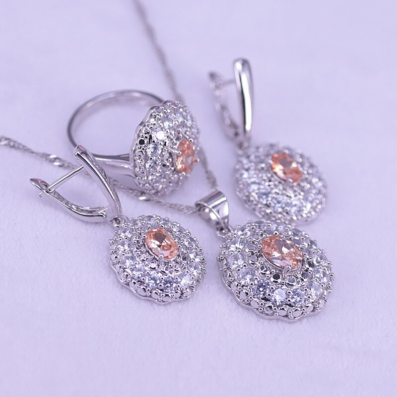 Sterling Silver Champagne Zircon & Crystal Bridal Jewelry Set For Women