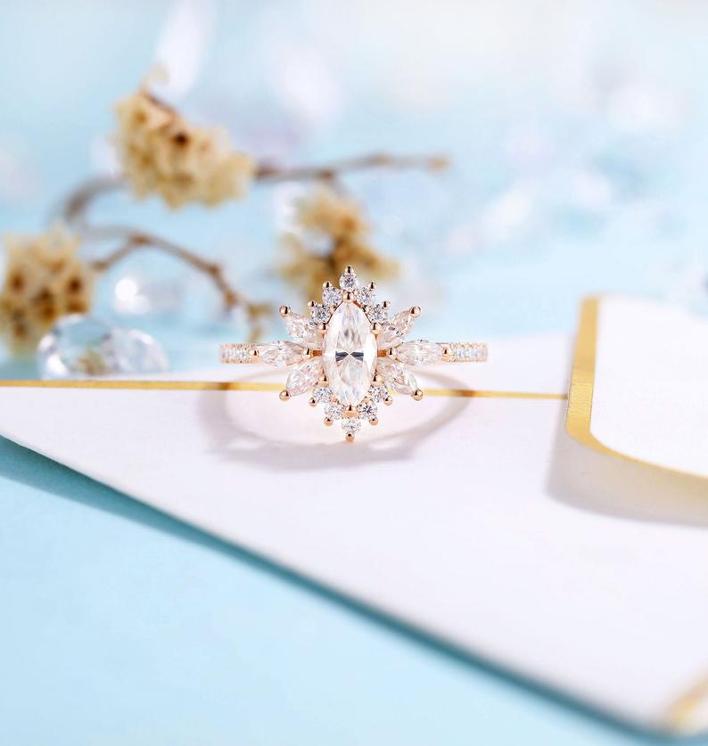 14K Solid Rose Gold Marquise Moissanite Halo Ring for Women