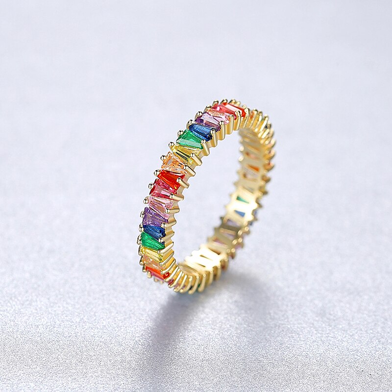 PAG&MAG Colorful Cubic Zircon Rainbow Baguette Rings For Women 100% 925 Sterling Silver Womens Ring Engagement Fine Jewelry