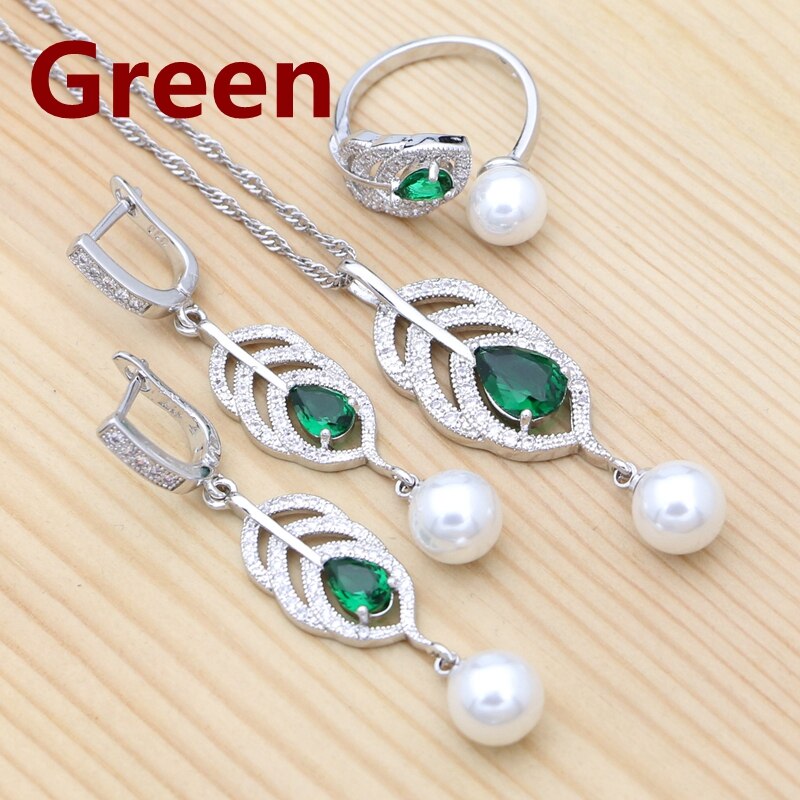 Silver Natural Green Cubic Zirconia White Pearl Jewelry Set for Women