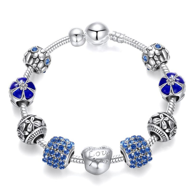 YANHUI Trendy 925 Silver Pink Flower Floral Crystal Charm Beads Bracelet