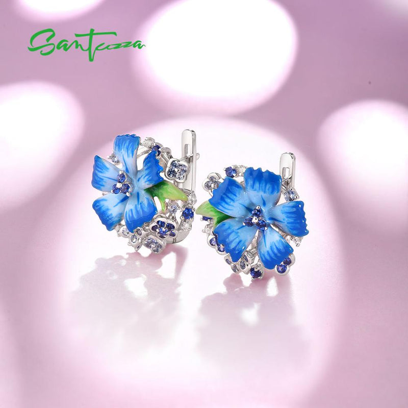 925 Sterling Silver Blue Flower Enamel Jewelry Set for Women