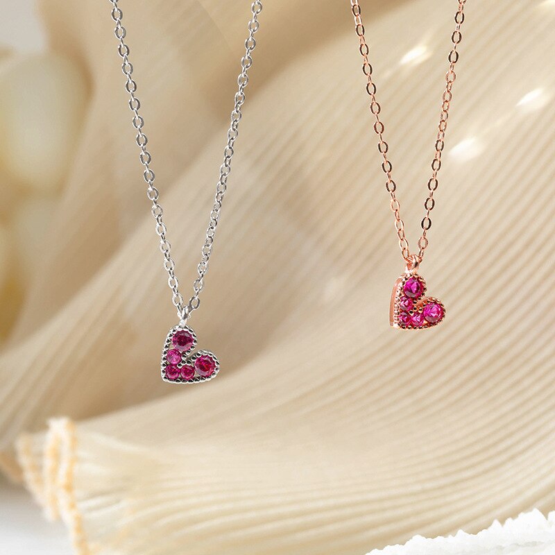 925 Sterling Silver Zircon Red Heart Charm Pendant Choker Korean Statement Necklace Wedding Jewelry For Women dz682