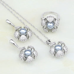 Sterling Silver White Cubic Zirconia and Gray Pearl Jewelry Set for Women