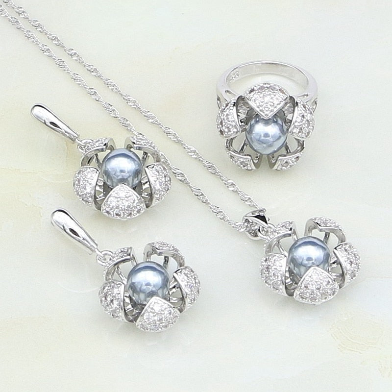 Sterling Silver White Cubic Zirconia and Gray Pearl Jewelry Set for Women