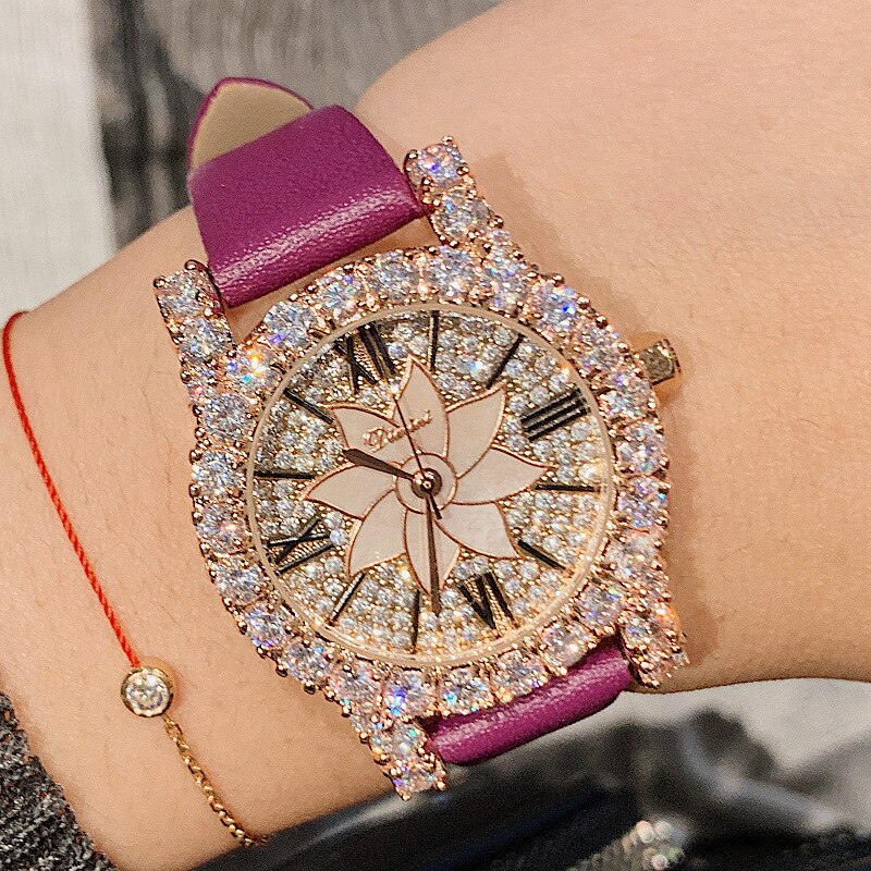 Luxury Rose Diamond Leather Crystal Quartz Watches Women