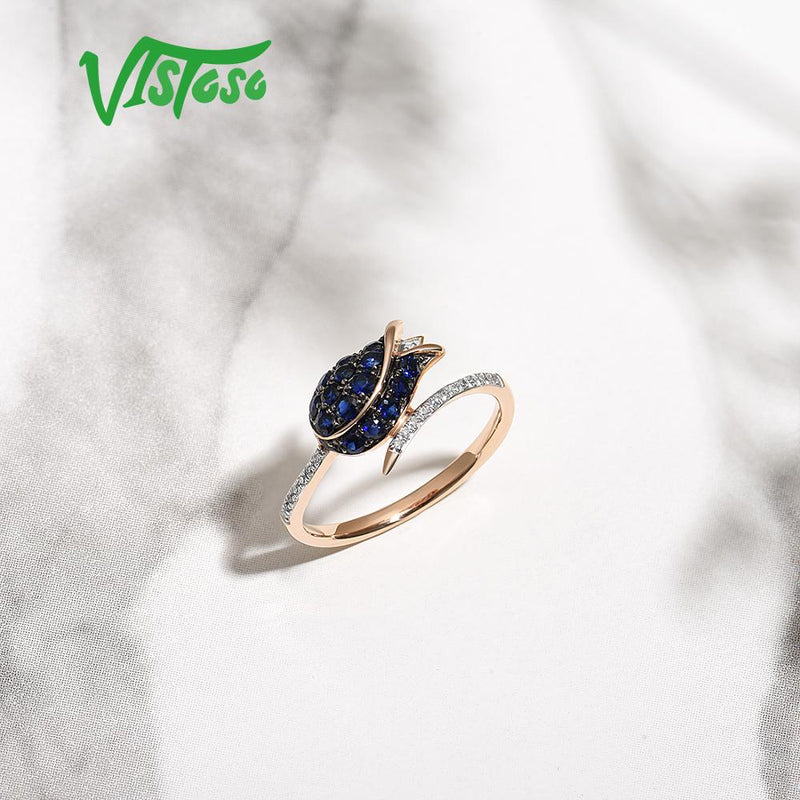 VISTOSO Pure 14K 585 Rose Gold Blue Sapphire Diamond Ring