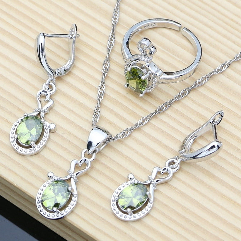 Sterling Silver Olive Green Topaz Earrings, Bracelet & Necklace Set for Women