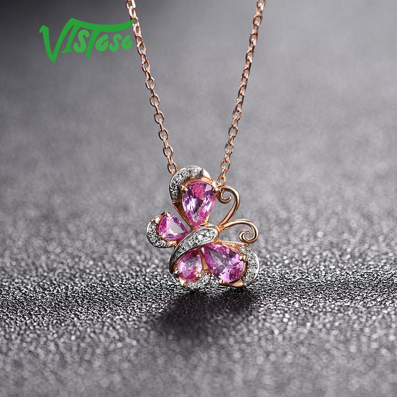 VISTOSO Genuine 14K 585 Rose Gold Sparkling Diamond Pink Sapphire Delicate Necklace Pendant