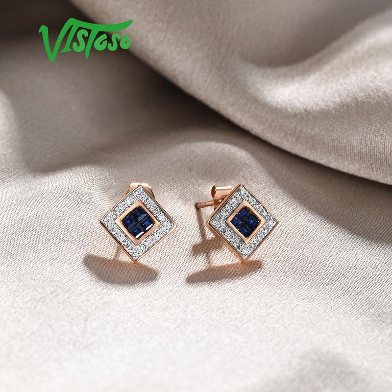 14K Rose Gold Blue Sapphire Diamond Earrings for Women