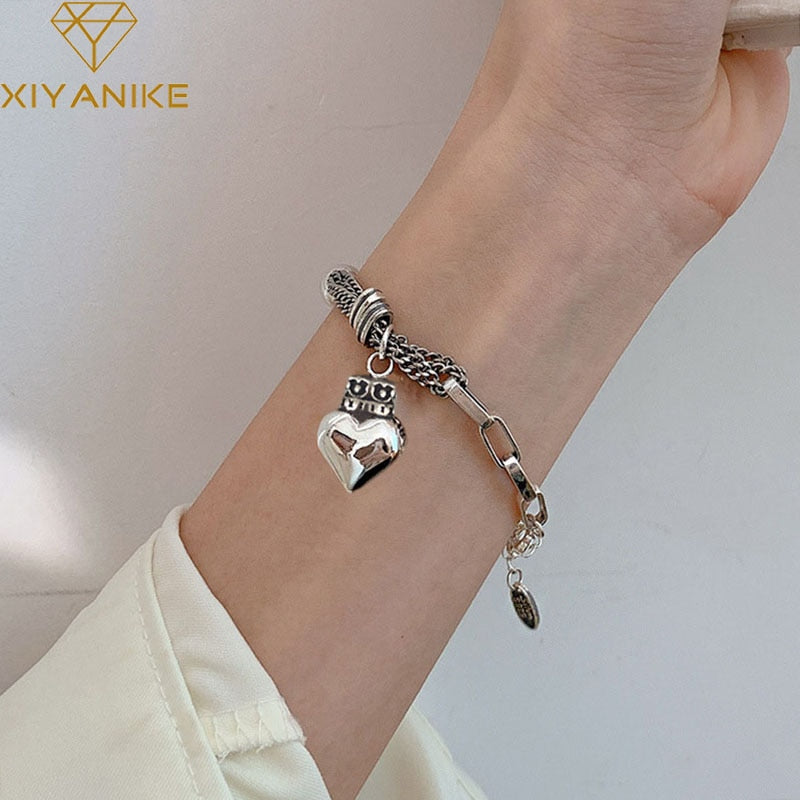 XIYANIKE Unique Chain & Link Bracelet with Crown Heart Bead 925 Sterling Silver