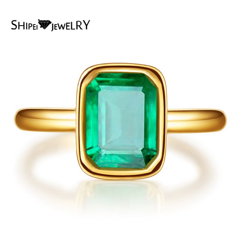 Shipei Vintage 925 Sterling Silver Asscher Emerald Gemstone Wedding Fine Jewelry Engagement 18K Yellow Gold Ring For Women