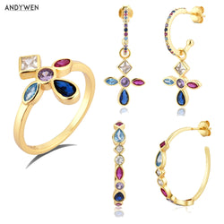 ANDYWEN 925 Sterling Silver Five Color Gold Rainbow Cross Drop Earrings Hoops Piercing & Ring Jewelry Set
