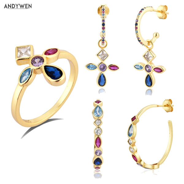 925 Sterling Silver Five Color Gold Rainbow Cross Drop Earrings & Hoops Jewelry Set for Women