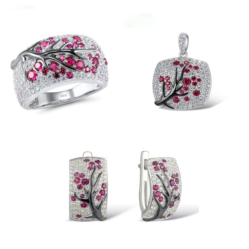 Romantic 925 Sterling Silver Shiny Red Zircon Leaves Branch Necklace Ring & Earrings Jewelry Set