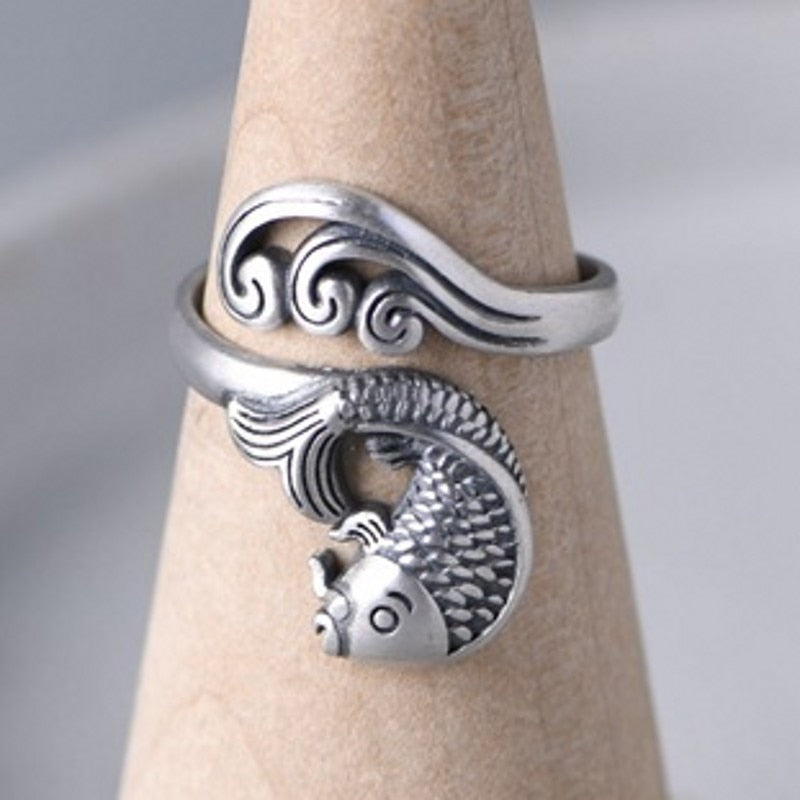 Solid S925 Sterling Silver Water Ripple Carp Ring for Woman