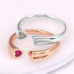 Original Two Hearts Open Rings With Crystal in 925 Sterling Silver