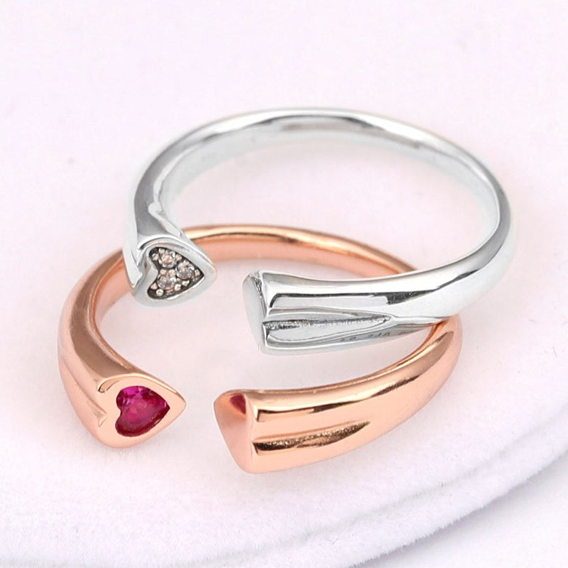 Original Two Hearts Open Rings With Crystal in 925 Sterling Silver