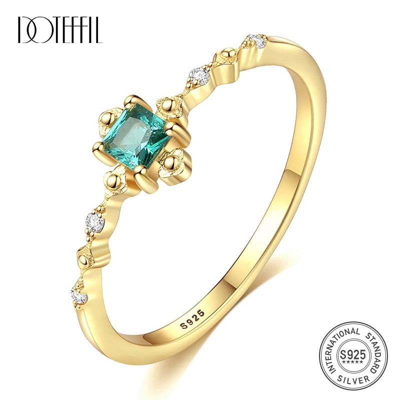 925 Sterling Silver Emerald Square Ring for Female