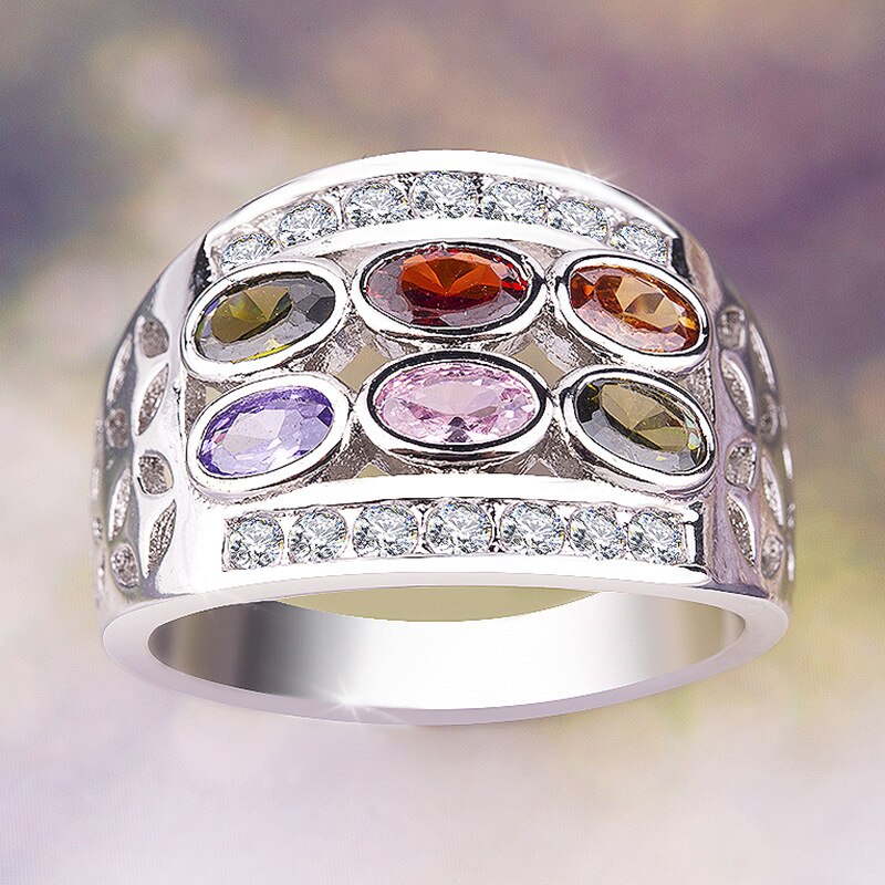 925 Sterling Silver Austrian Bohemian 6 Colour Rainbow Zircon Crystal Ring