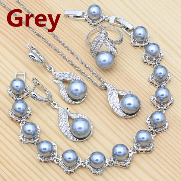 Silver Crystal Encrusted Pearl Jewelry Set for Women