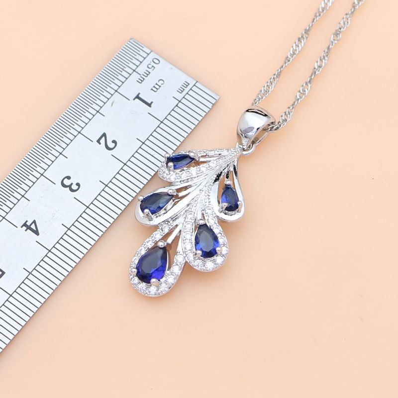 Sterling Silver Blue Sapphire and White Crystal Leaf Jewelry Set for Women