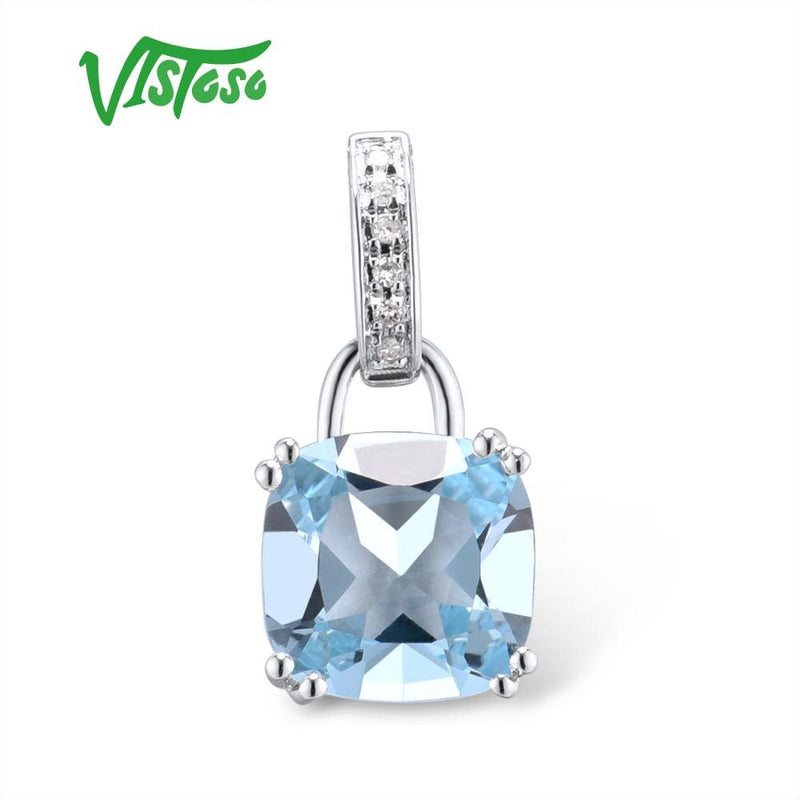 VISTOSO Genuine 14K 585 White Gold Radiant Sky Blue Topaz Sparkling Diamond Pendant