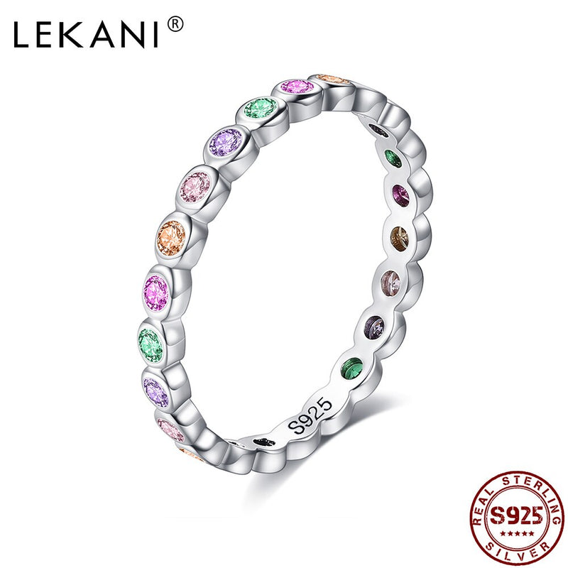 LEKANI 925 Sterling Silver Rainbow Finger Rings For Women Dazzling Colorful Zircon Engagement Wedding Ring Statement Jewelry