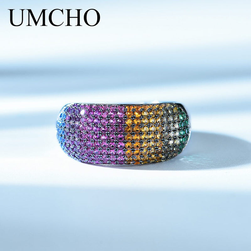 UMCHO 925 Sterling Silver Colorful Rainbow Gemstones Ring