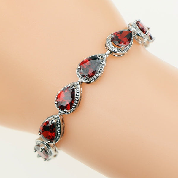 Crimson Cascade Red Garnet CZ Silver Bracelet