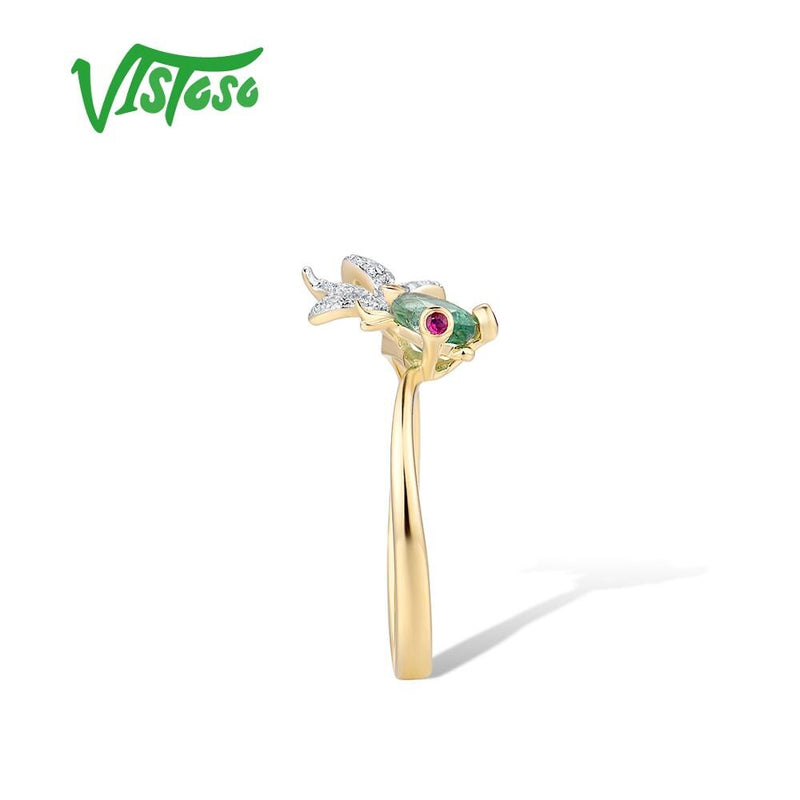 14K Gold Natural Emerald Ruby Diamond Fish Ring For Woman