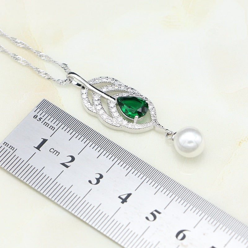 Silver Natural Green Cubic Zirconia White Pearl Jewelry Set for Women