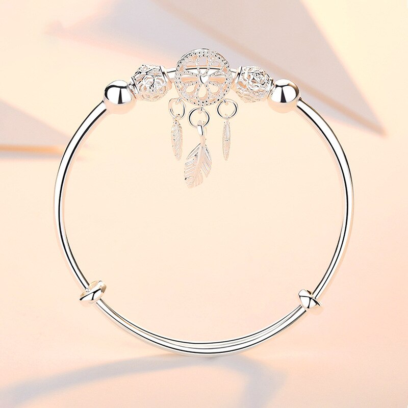 Elegant Tassel Feather Charm Beads Bracelet 925 Sterling Silver