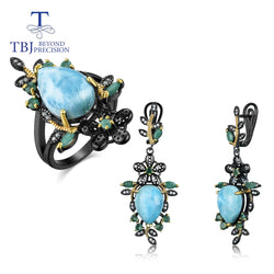 925 Sterling Silver Natural Agate Larimar Retro Design Earrings & Ring Jewelry Set