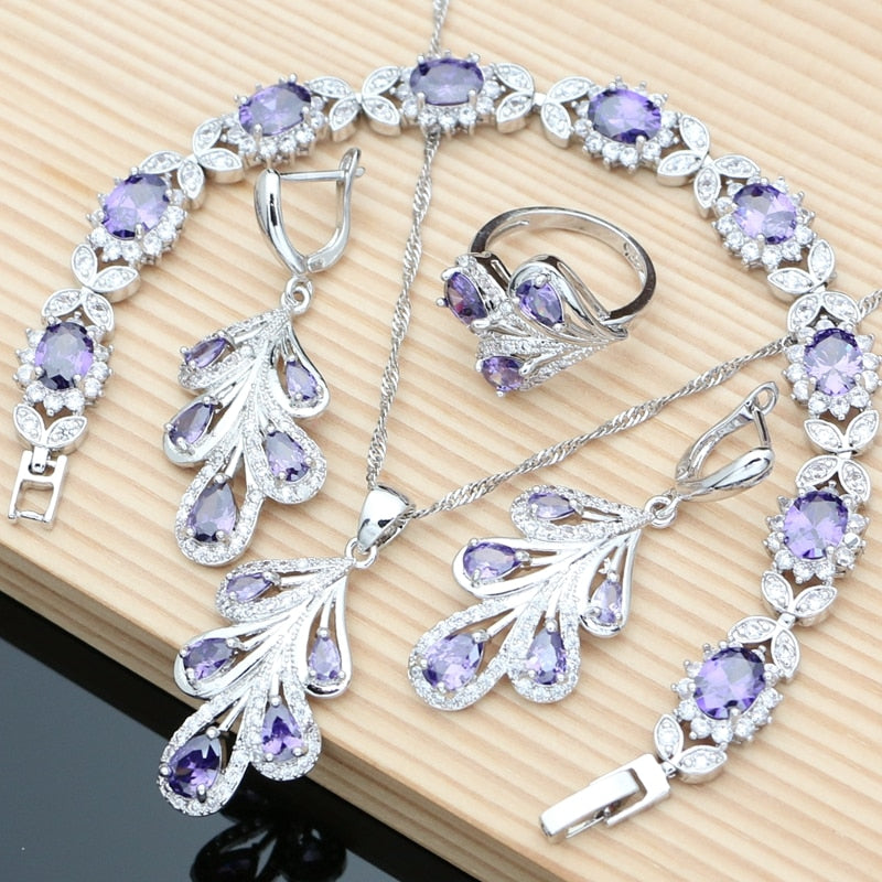 Sterling Silver Blue Sapphire and White Crystal Leaf Jewelry Set for Women