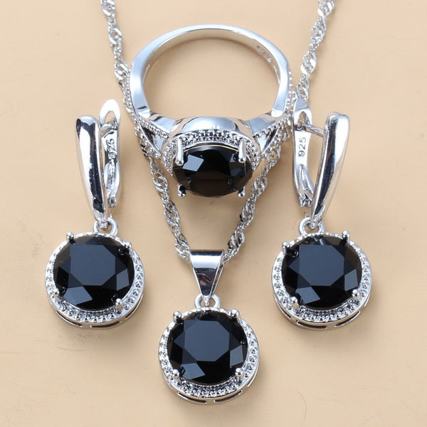 2020 New 925 Silver Wedding Jewelry Sets Black Zircon Dangle Earrings and Necklace Ring 3 piece Set women Trendy Costume