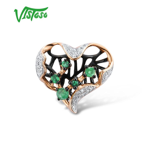 14K Rose Gold Natural Emerald and Diamond Hollow Heart Pendant for Women