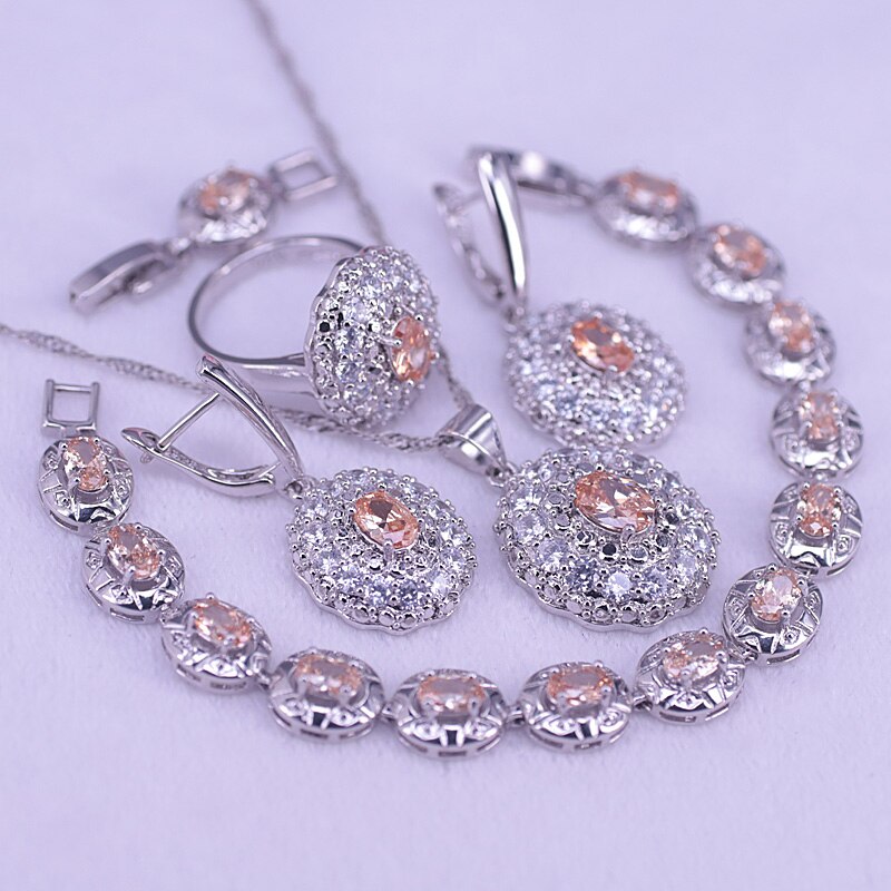 Sterling Silver Champagne Zircon & Crystal Bridal Jewelry Set For Women