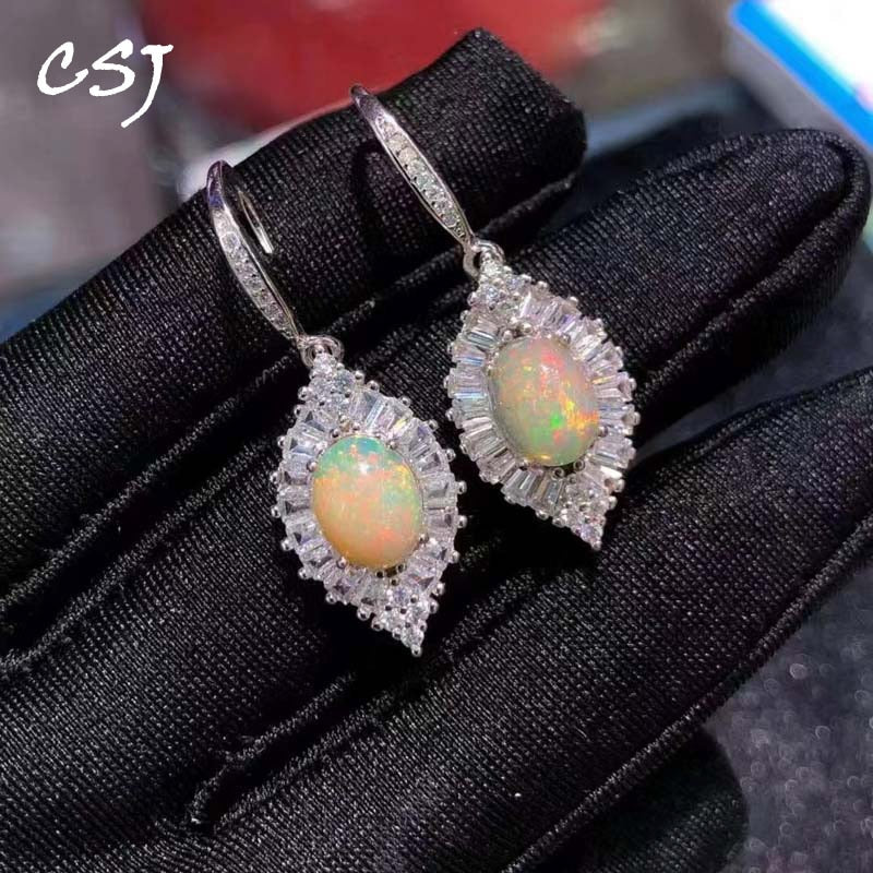 CSJ New Natural Opal Earrings 925 Sterling Silver Ethiopia Opal Ov7*9mm Jewelry for Women Lady Birthday Engagment Party Gift