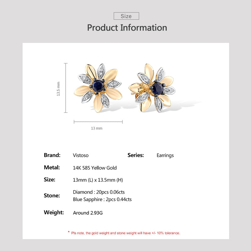 14K Yellow Gold Blue Sapphire Diamond Flower Stud Earrings for Women